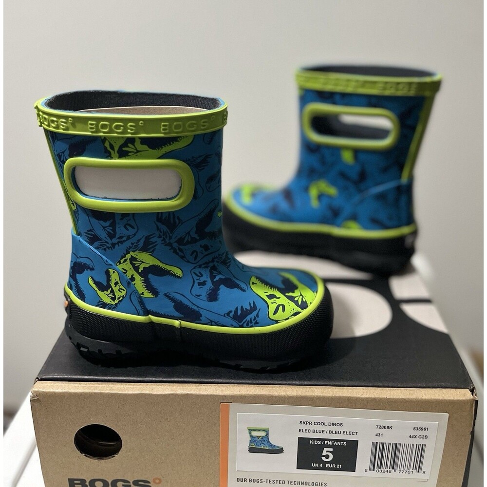 NWB Bogs Skipper Cool Dinosaurs Rubber Rain Boots Kids Toddler 5 Blue Green